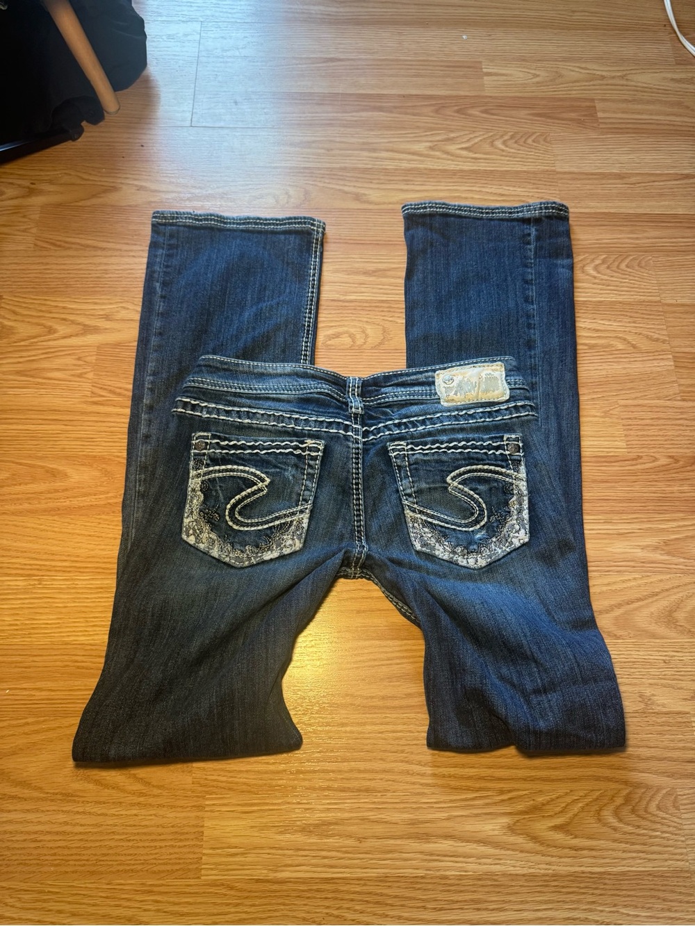 Dark Wash Embroidered Low Rise Bootcut Jeans